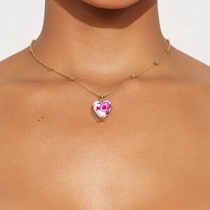 NEW Pink Toile Porcelain Heart Pendant Gold Necklace